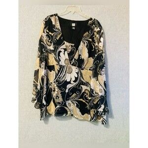 Studio 1940 Black & Gold Floral V-Neck Women's Blouse Sz 26/28